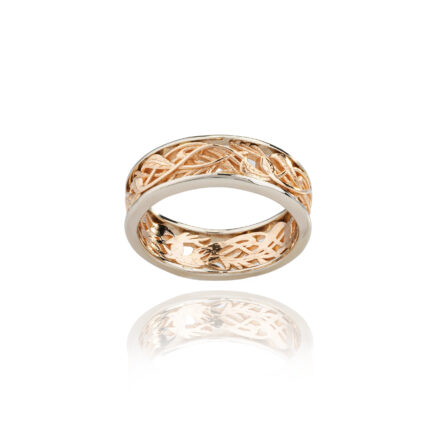 Romantiškas Ažūrinis Vestuvinis Žiedas su Rožinio Aukso Akcentais 3